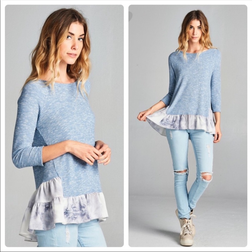 3/4 sleeve rib knit top with ruffle contrast hem - Picture 3 of 7